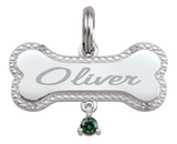 59014: Personalized Pet Birthstone Dog Bone Pendant – 1 Stone | Engravable Milgrain Border