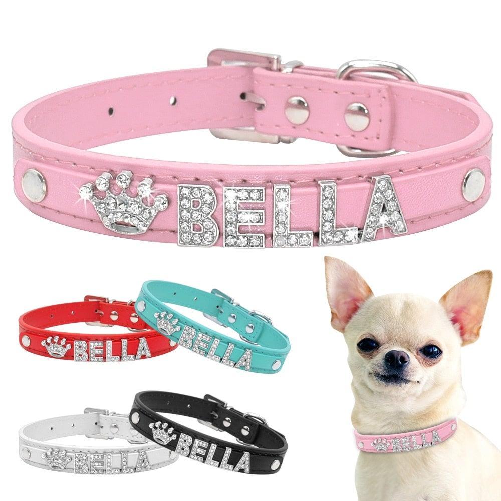 Personalized PU Leather Puppies Dog Collar Bling Rhinestones Chihuahua  Collars C